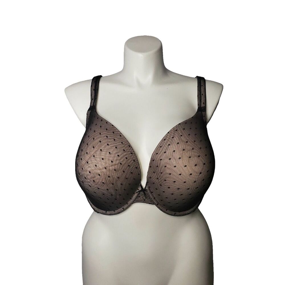 Cacique Bra Womens 50D Black Mesh Polka Dot Boost Plunge Underwire Padded Lined